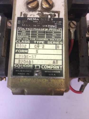 SQUARE D 8502 C0-2 CONTACTOR SER B 30AMP 600VAC 10HP SIZE 1 COIL 120V 60CY 1