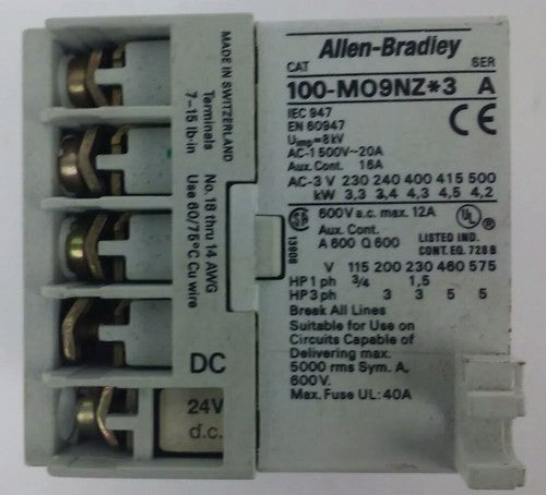 ALLEN BRADLEY 100-M09NZ*3 SER. A CONTACTOR AC-500V-20A, 600V MAX 12A, 24VDC COIL2