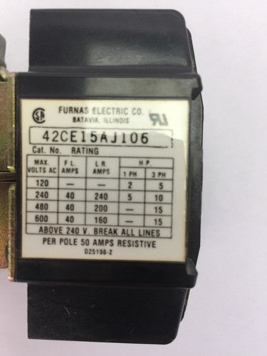 FURNAS 42CE15AJ106 MAGNETIC CONTACTOR 600VAC 40AMP 15HP 3PH COIL 440/480V 60HZ1