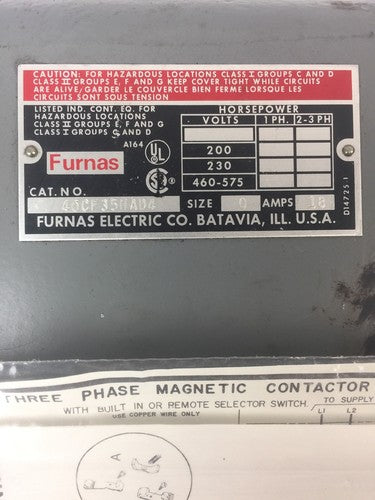 FURNAS 40CF35HAD4 THREE PHASE CONTACTOR 600VAC 20A COIL 110-120V 220-240V 60HZ3