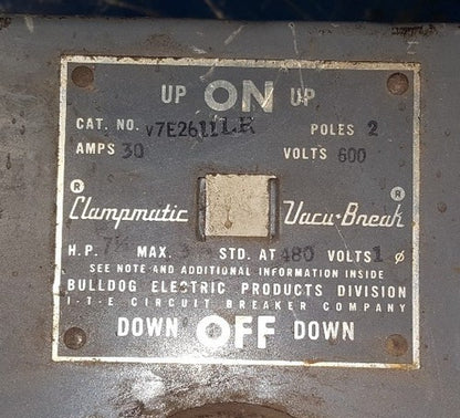 I-T-E V7E2611LR VACU-BREAK PANELBOARD SWITCH UNIT 600V 30-30A1