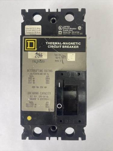 SQUARE D FAL24020 THERMAL-MAGNETIC CIRCUIT BREAKER 20AMP 480VAC 250VDC 2POLE0