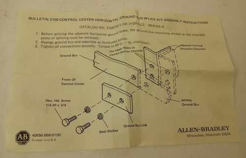 ALLEN BRADLEY 2100-NC1 SER. C, HORIZONTAL GROUND BUS SPLICE KIT 1/4'' X 1'',21003
