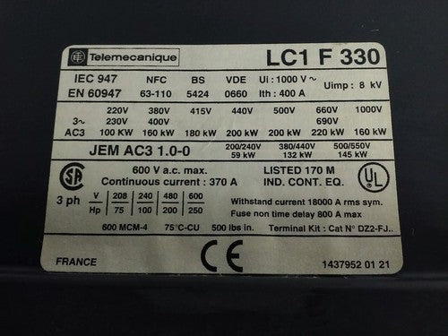 TELEMECANIQUE LC1F330 CONTACTOR, 3PH, 600V, 370A, 250HP, W/ 24V 40/400HZ  COIL1