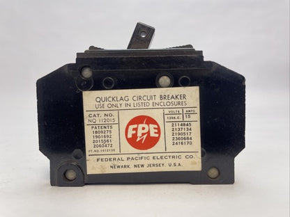 FPE NQ 112015 CIRCUIT BREAKER 15AMP 120/240VAC 1POLE FEDERAL PACIFIC ELECTRIC1