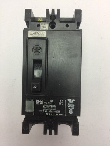 WESTINGHOUSE EHB2020 THERM MAG BREAKER 20AMP 480VAC 250 VDC 2POLE 4989D52G190