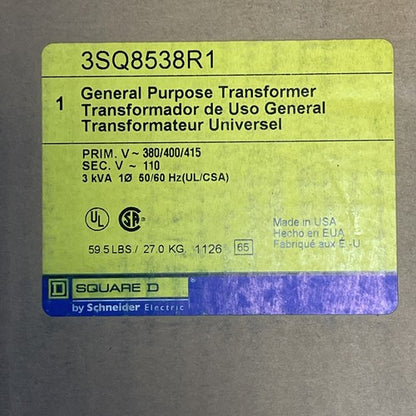 SQUARE D 3SQ8538R1 TRANSFORMER PRIM. 380/400/415VAC SEC. 110VAC 3kVA GENERAL1