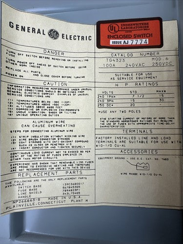 GE TG4323 FUSIBLE SAFETY SWITCH MOD 6 100A 240VAC 3PH 30HP 250VDC 20HP 3P TYPE 16