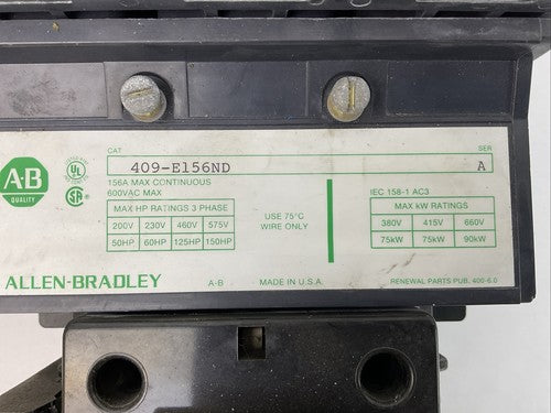 ALLEN BRADLEY 409-E156ND STARTER 600VAC 156A SER A COIL 115-120V 60HZ1