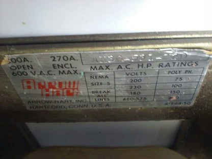 ARROW HART AH30-531-U20 CONTACTOR, 3P, 300A, 600V,SIZE 5,120V COIL,CONTACTS GOOD1