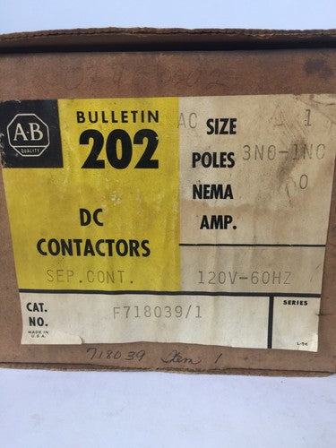 ALLEN BRADLEY 202AC-F718039/1 DC CONTACTOR 250VDC 3NO-1NC 71A86 COIL 120V 60HZ1