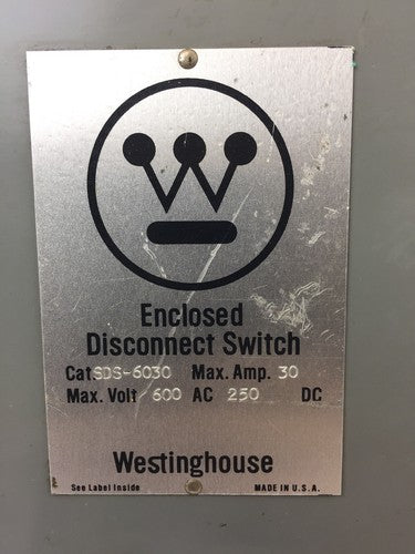 WESTINGHOUSE SDS-6030 30 MAX AMP MAX VOLT 600 AC 250 DC DISCONNECT SWITCH 6 POLE1