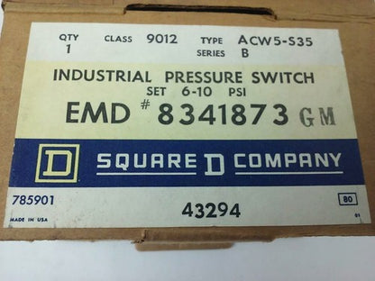 SQUARE D 9012 ACW5-S35 SERIES B, PRESSURE SWITCH, SET 6-10 PSI, 9012 ACW, 600V1
