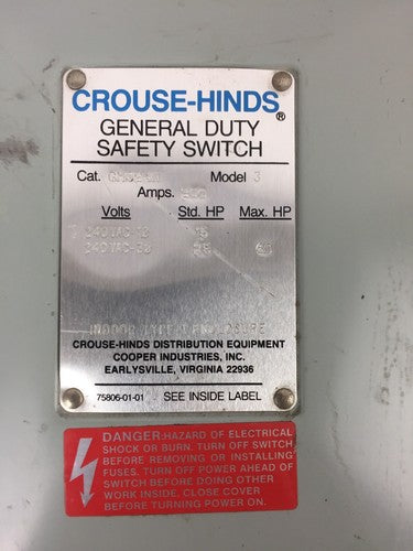 CROUSE-HINDS GH324N 200 AMP 240 VAC GENERAL DUTY SAFETY SWITCH1