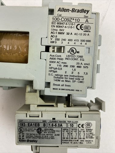 ALLEN BRADLEY STARTER 100-C09Z*10 CONTACTOR COIL 24VDC 193-EA1EB SER B 1.6-5.0A1