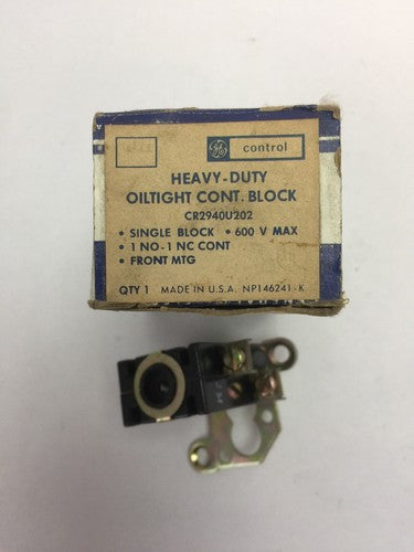 GE CR2940U202 HEAVY DUTY OILTIGHT CONTACT BLOCK 600V 1 NO 1 NC CONT0