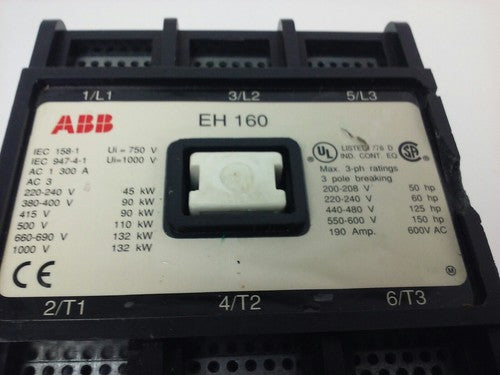 ABB EH160 CONTACTOR, 3PH, 3P BREAKING, 600V, 50-150H.P., 190A, CHIP PLASTIC1