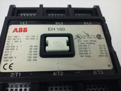 ABB EH160 CONTACTOR, 3PH, 3P BREAKING, 600V, 50-150H.P., 190A, CHIP PLASTIC1