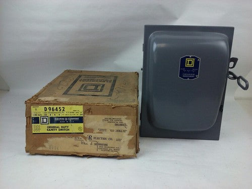 SQ. D D96452 SER. A2 SAFETY SWITCH, 60A, 240V, 2PH, MAX H.P. 20, FUSIBLE, NEW0