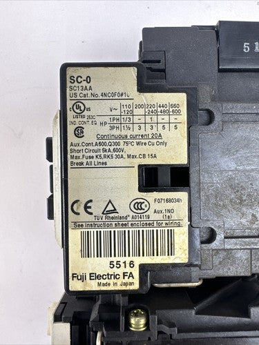 FUJI STARTER 4NC0F0#10 SC-0 3PH 5HP 600VAC COIL 100-110V 60HZ SZ-Z5 TR-0N1