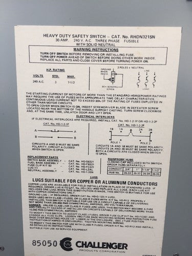 CHALLENGER RHDN321SN HEAVY DUTY SAFETY SWITCH 240VAC 30AMP 3PH 7-1/2HP RAINPROOF6