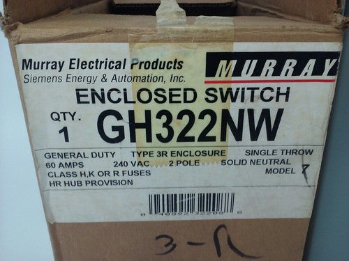 MURRAY GH322NW FUSIBLE SAFETY SWITCH SINGLE THROW 2P, 60A, 240V, 10HP, TYPE 3R 1