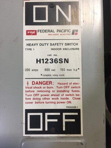 FPE H1236SN HEAVY DUTY SAFETY SWITCH 600 VAC 200 AMP 150 MAX HP 3 POLES1