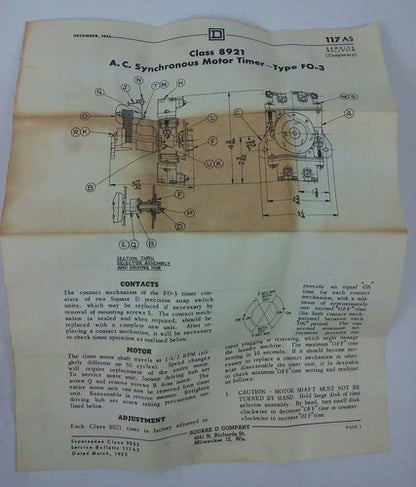 SQ. D CLASS 8921 TYPE FO-3, MOTOR DRIVEN TIMER UNIT 8921-FO3, 208-220/240V, 60HZ11