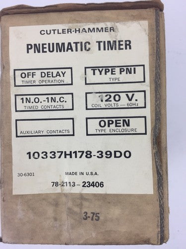 CUTLER HAMMER 10337H178-39D0 PNEUMATIC TIMER TYPE PNI 1 N.O.-1 N.C. COIL 120V 0