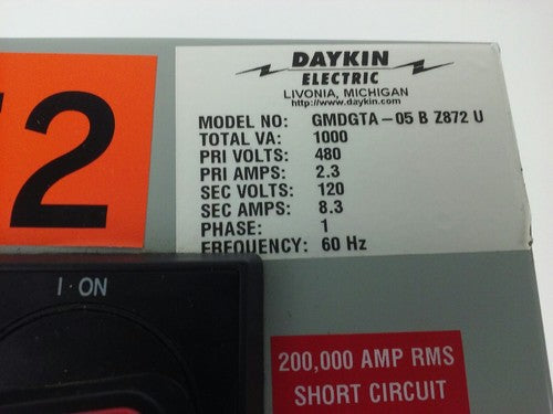 DAYKIN ELECTRIC GMDGTA-05BZ872U TRANSFORMER DISCONNECT SWITCH 480V, 1000VA, 2.3A1