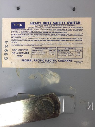 FPE 5636R HEAVY DUTY SAFETY SWITCH 60A 600VAC 3 POLE 50HP FEDERAL PACIFIC ELECTR6