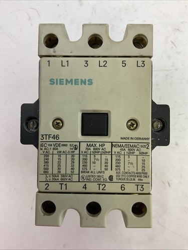 SIEMENS 3TF46 CONTACTOR 600VAC 70A 50HP COIL 120V 60HZ0
