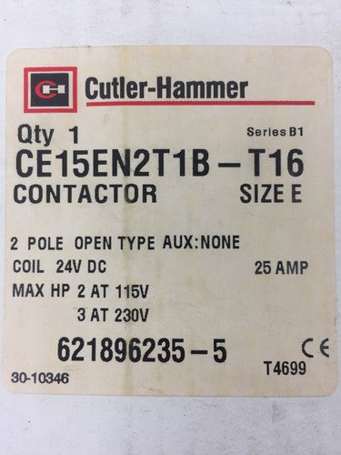 CUTLER HAMMER CE15EN2T1B-T16 CONTATOR 2 POLE OPEN TYPESIZE E COIL 24 VDC 25 AMP 0