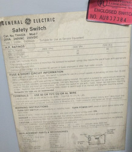 GE TH4324 7 Safety Switch 200A 240VAC/250VDC Type 1 Indoor Enclosure Fused1