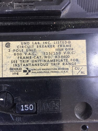 ITE JL3-F400 CIRCUIT BREAKER FRAME 600VAC 125/250VDC 150A TRIP UNIT JL3-B1501