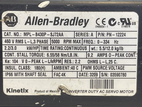 ALLEN BRADLEY MPL-B430P-SJ72AA SERVO MOTOR SER A 5000RPM 2.2/3.0 kW/HP 9.2AMP1