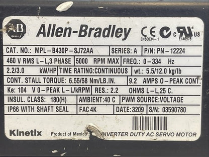 ALLEN BRADLEY MPL-B430P-SJ72AA SERVO MOTOR SER A 5000RPM 2.2/3.0 kW/HP 9.2AMP1
