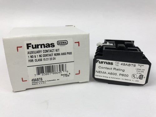 Furnas 49ABT6 Auxiliary Contact Kit, For Class 15 21 23 24, NEMA A600-P600, NEW0