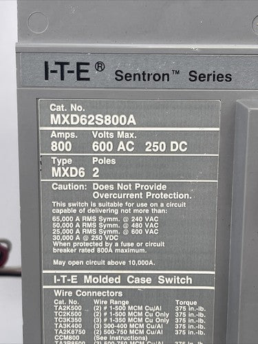 ITE MXD62S800A SENTRON SERIES MOLDED CASE SWITCH 800A 600VAC 250VDC 2P A01MN641