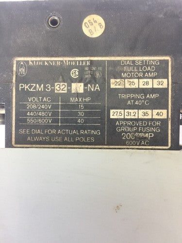 KLOCKNER MOELLER PKZM 3-32-U-NA 600VAC 40HP MANUAL MOTOR STARTER 22-32A1