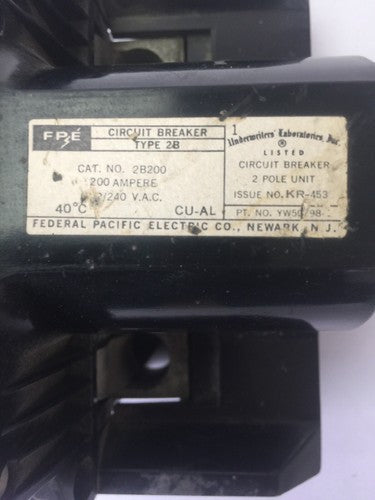 FPE 2B200 CIRCUIT BREAKER 200A 120/240VAC 2POLE UNIT 1