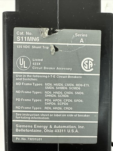 SIEMENS A11MN6 125VDC SHUNT TRIP SERIES A1
