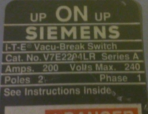SIEMENS / I-T-E V7E2204LR Vacu-Break DISCONNECT SWITCH - 200A, 240V, 2-Pole1