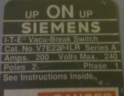 SIEMENS / I-T-E V7E2204LR Vacu-Break DISCONNECT SWITCH - 200A, 240V, 2-Pole1