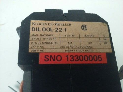 KLOCKNER MOELLER DIL00L-22-F CONTACTOR 3P 3PH, 277/300VAC, 20A, 3/4HP, 115V COIL2