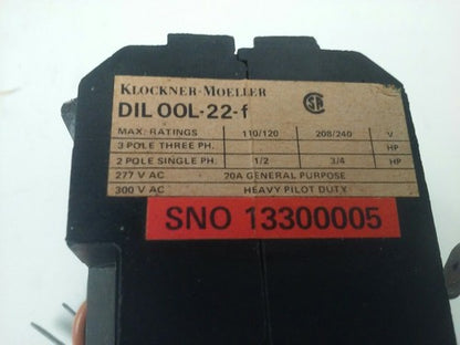 KLOCKNER MOELLER DIL00L-22-F CONTACTOR 3P 3PH, 277/300VAC, 20A, 3/4HP, 115V COIL2