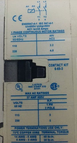 CUTLER HAMMER CE15GN2-T16, SER. B1, CONTACTOR, 1PH, 2P, 37A, 600V, 5HP, 60HZ,NEW1
