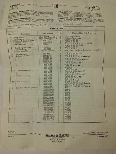 SQUARE D 9012 ACW5-S35 SERIES B, PRESSURE SWITCH, SET 6-10 PSI, 9012 ACW, 600V8