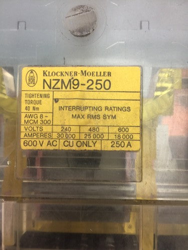 KLOCKNER MOELLER NZM9-250 CIRCUIT BREAKER 600VAC 250A SHUNT TRIP 120V 60HZ M9 1