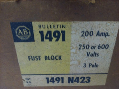 ALLEN BRADLEY 1491-N423 FUSE BLOCK,200AMP, 250 OR 600V, 3P,W/ X-123968, 1491N4231
